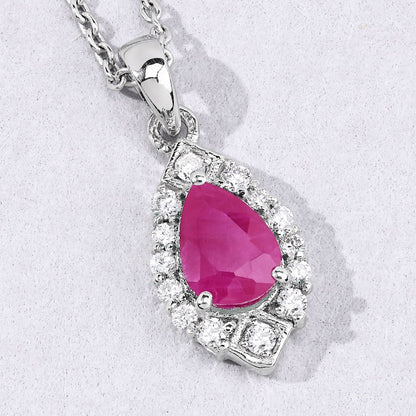 0.80 Ct Pear Pink Mozambique Ruby & Lab Diamond Prong Silver Teardrop Halo Pendant Necklace