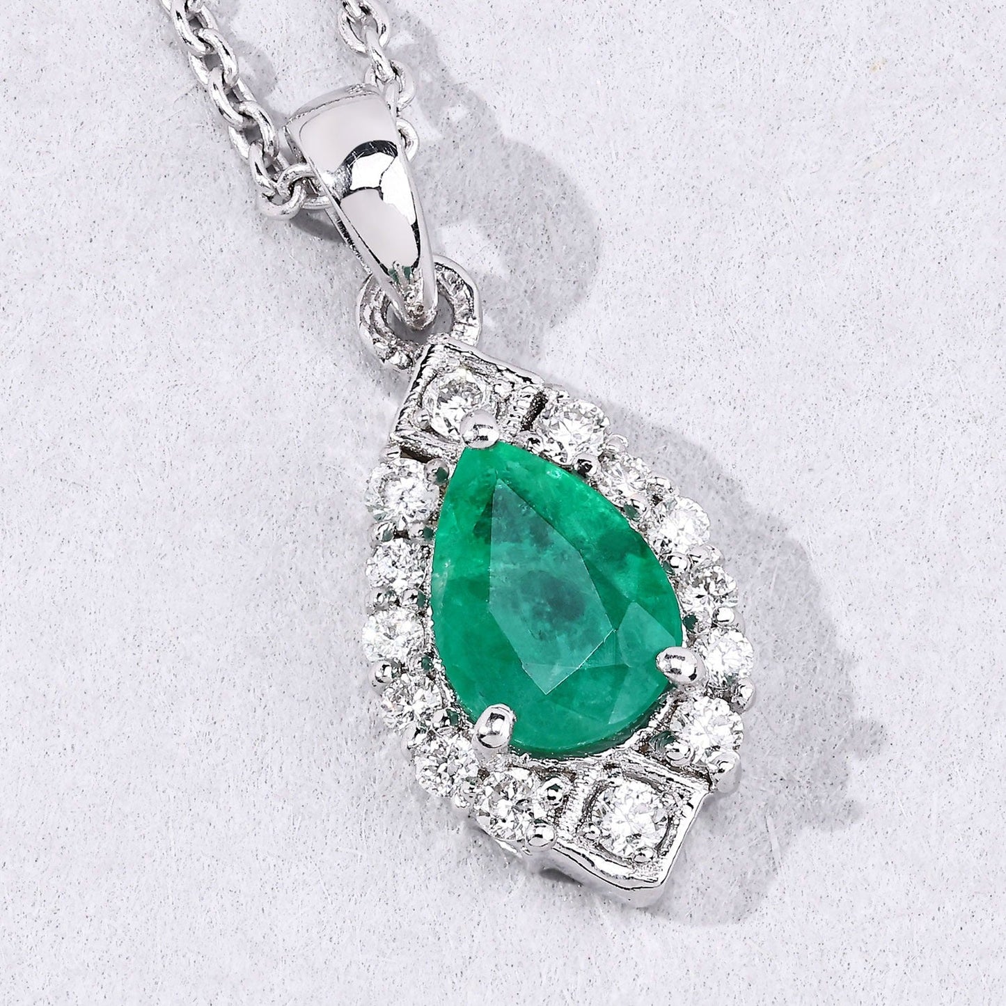 0.65 Ct Pear Green Zambian Emerald & Lab Diamond Prong Silver Teardrop Halo Pendant Necklace