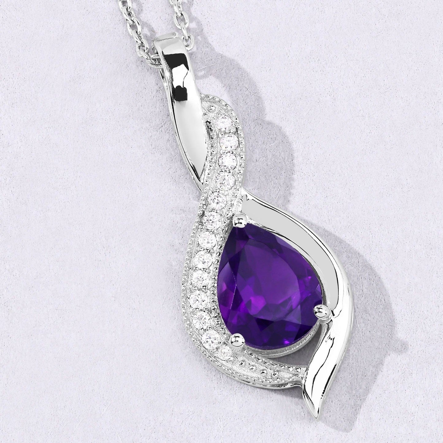 1.40 Ct Pear Purple Amethyst & Lab Diamond Prong Silver Teardrop Crossover Pendant Necklace