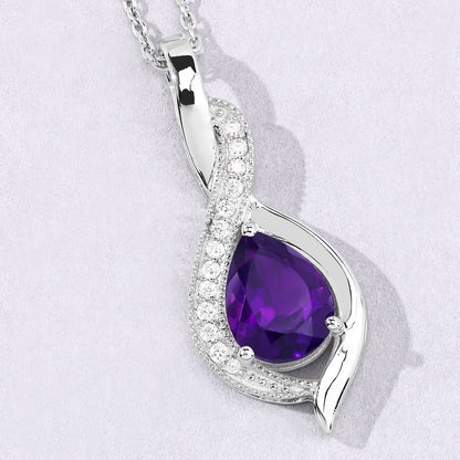 1.40 Ct Pear Purple Amethyst & Lab Diamond Prong Silver Teardrop Crossover Pendant Necklace