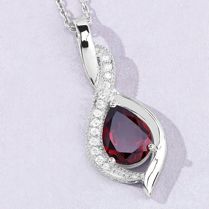 1.80 Ct Pear Red Mozambique Garnet & Lab Diamond Prong Silver Teardrop Crossover Pendant Necklace