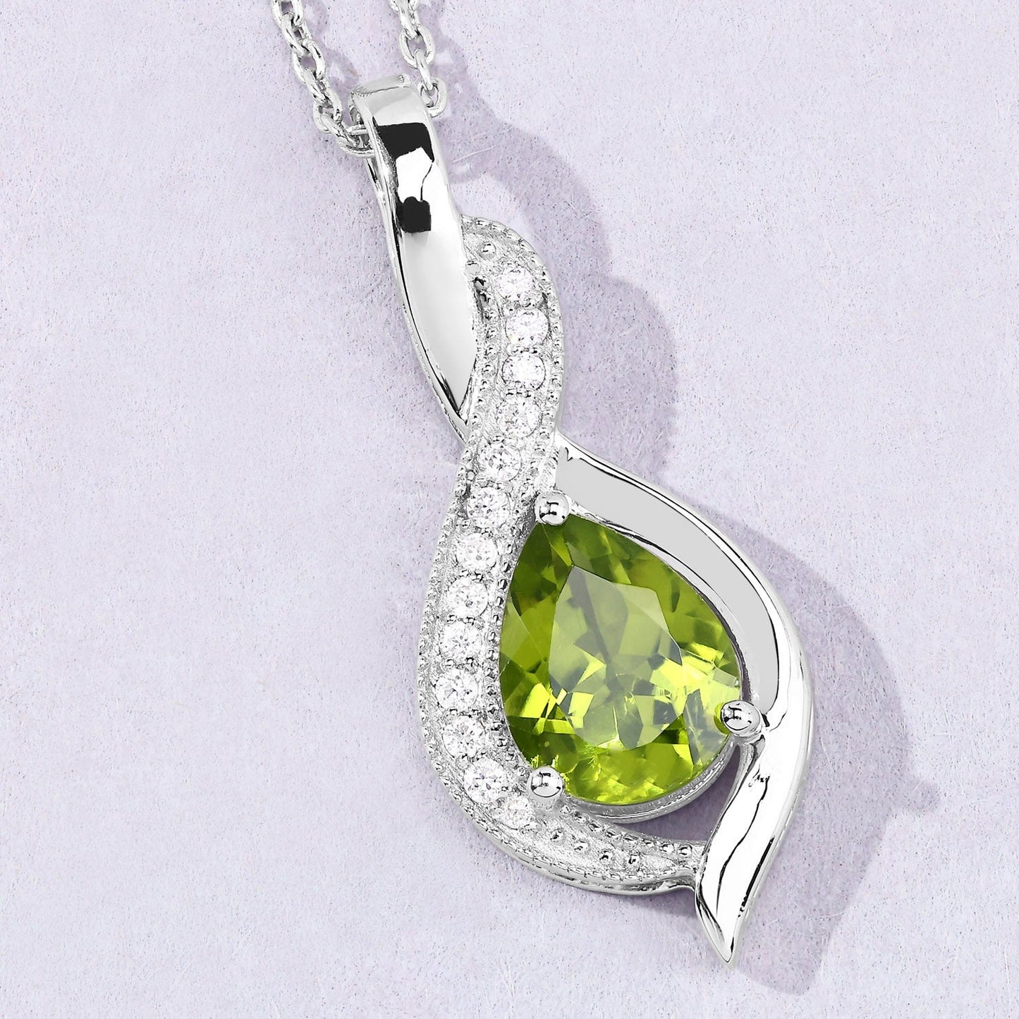 1.46 Ct Pear Green Peridot & Lab Diamond Prong Silver Teardrop Crossover Pendant Necklace