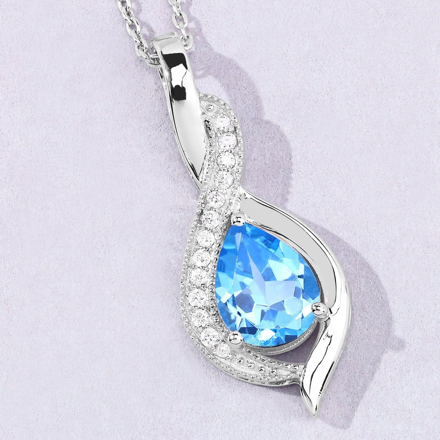 1.90 Ct Pear Swiss Blue Topaz & Lab Diamond Prong Silver Teardrop Crossover Pendant Necklace