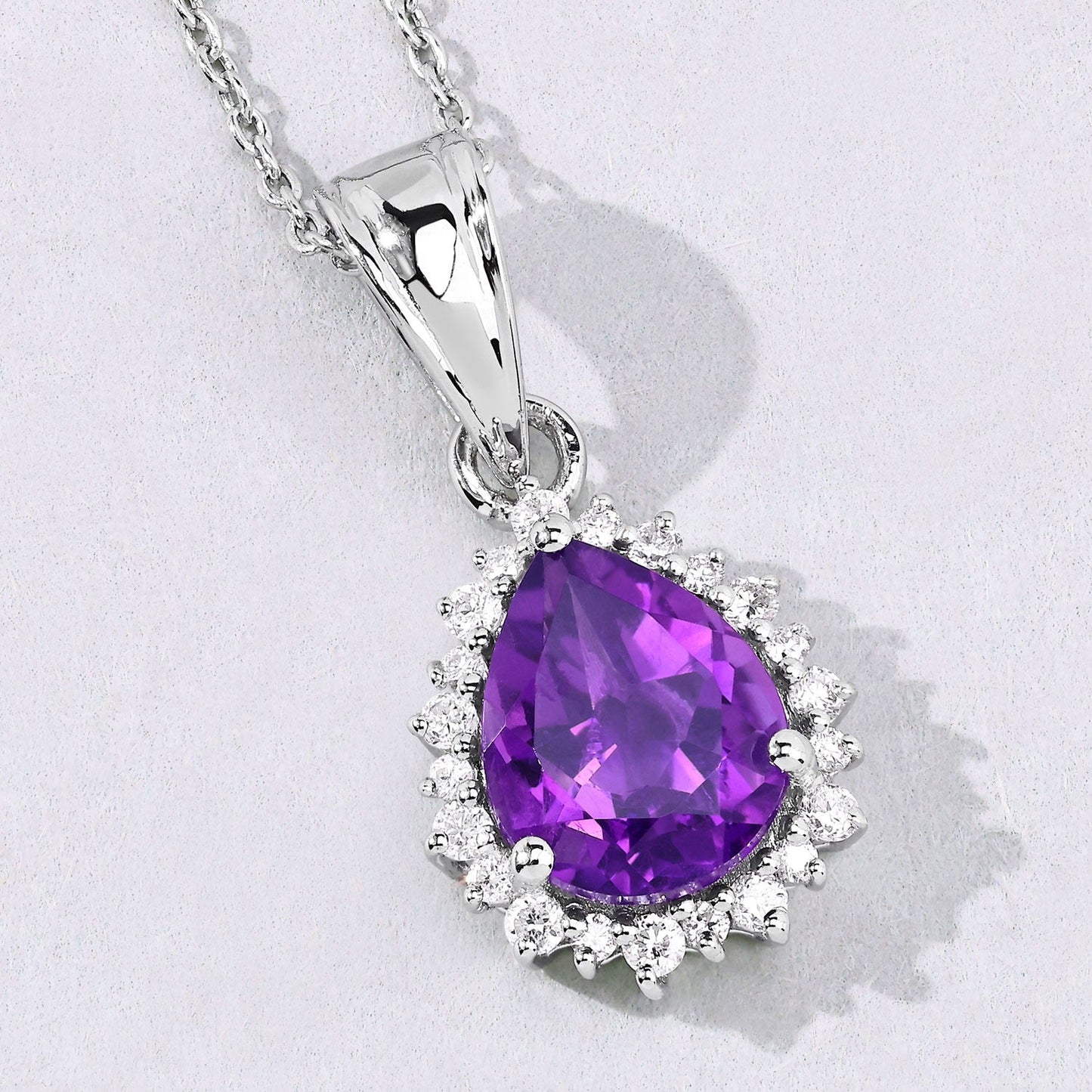 2.10 Ct Pear Purple Amethyst & Lab Diamond Prong Silver Halo Teardrop Pendant Necklace