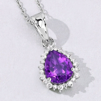 2.10 Ct Pear Purple Amethyst & Lab Diamond Prong Silver Halo Teardrop Pendant Necklace