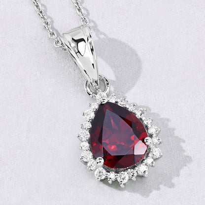 2.45 Ct Pear Red Mozambique Garnet & Lab Diamond Prong Silver Halo Teardrop Pendant Necklace
