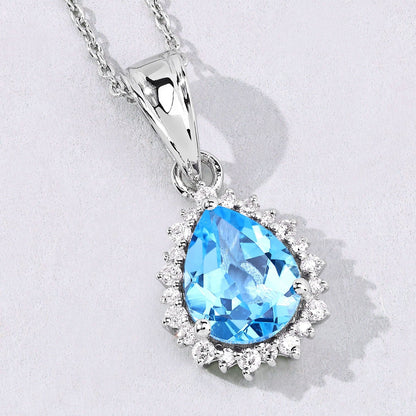 2.60 Ct Pear Swiss Blue Topaz & Lab Diamond Prong Silver Halo Teardrop Pendant Necklace