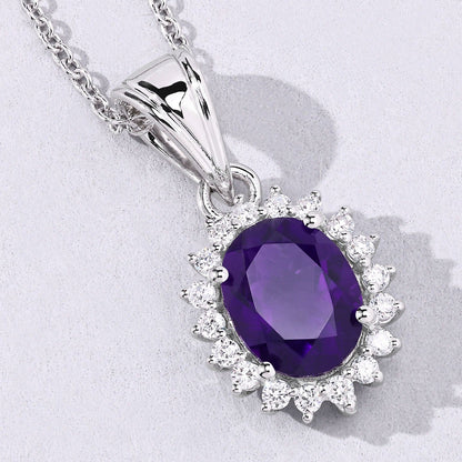 1.60 Ct Oval Purple Amethyst & Lab Diamond Prong Silver Halo Pendant Necklace