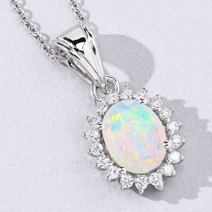 0.90 Ct Oval White Ethiopian Opal & Lab Diamond Prong Silver Halo Pendant Necklace