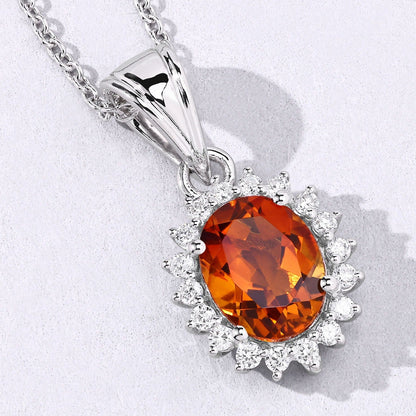 1.70 Ct Oval Orange Madeira Citrine & Lab Diamond Prong Silver Halo Pendant Necklace