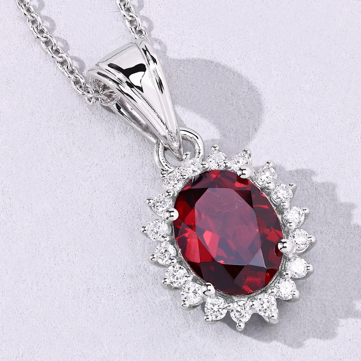 2 Ct Oval Red Mozambique Garnet & Lab Diamond Prong Silver Halo Pendant Necklace