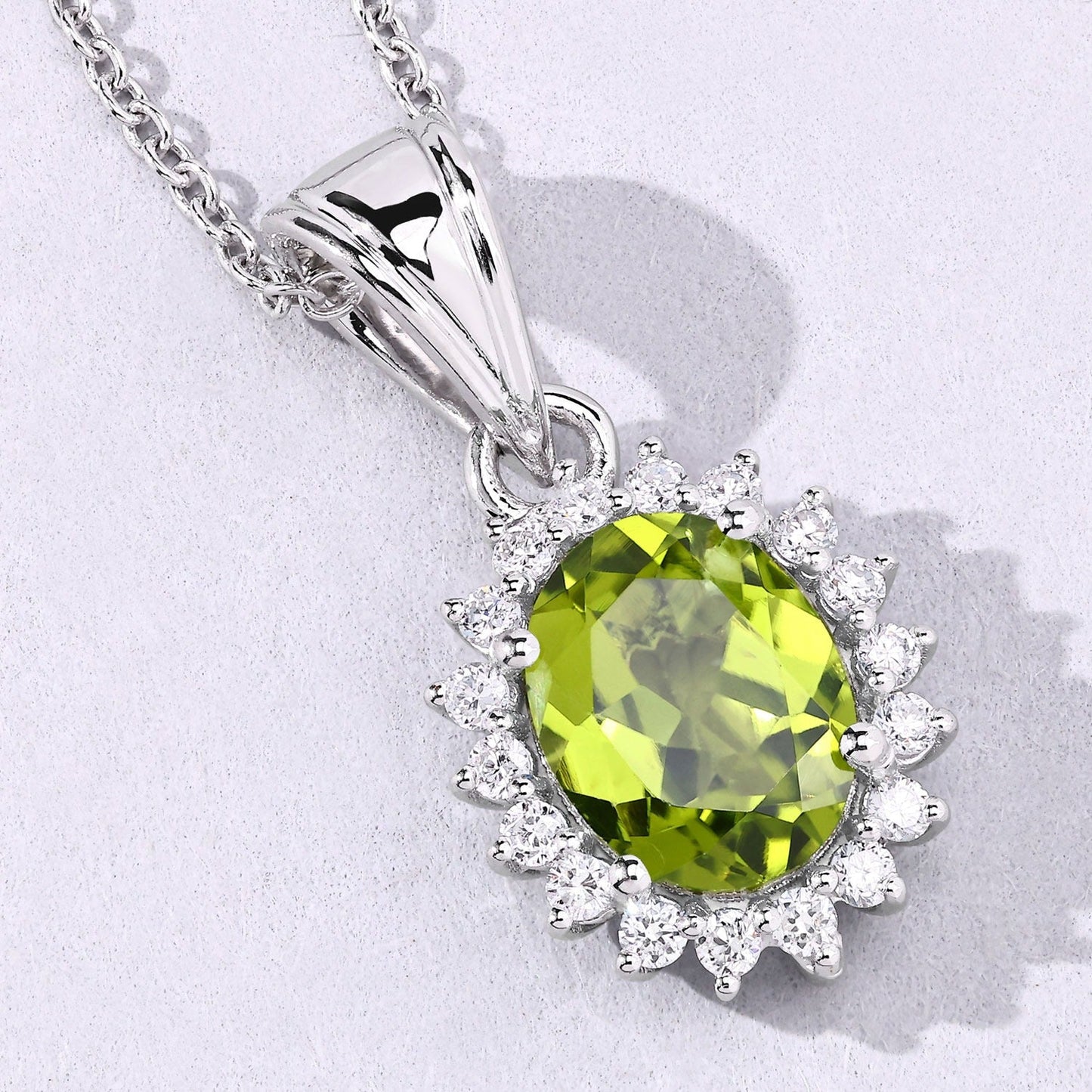 1.70 Ct Oval Green Peridot & Lab Diamond Prong Silver Halo Pendant Necklace