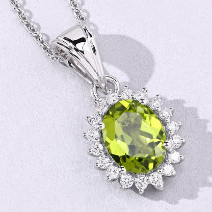 1.70 Ct Oval Green Peridot & Lab Diamond Prong Silver Halo Pendant Necklace
