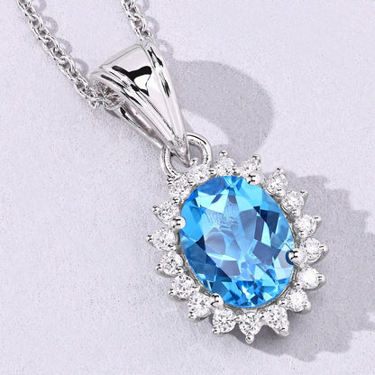 2 Ct Oval Swiss Blue Topaz & Lab Diamond Prong Silver Halo Pendant Necklace