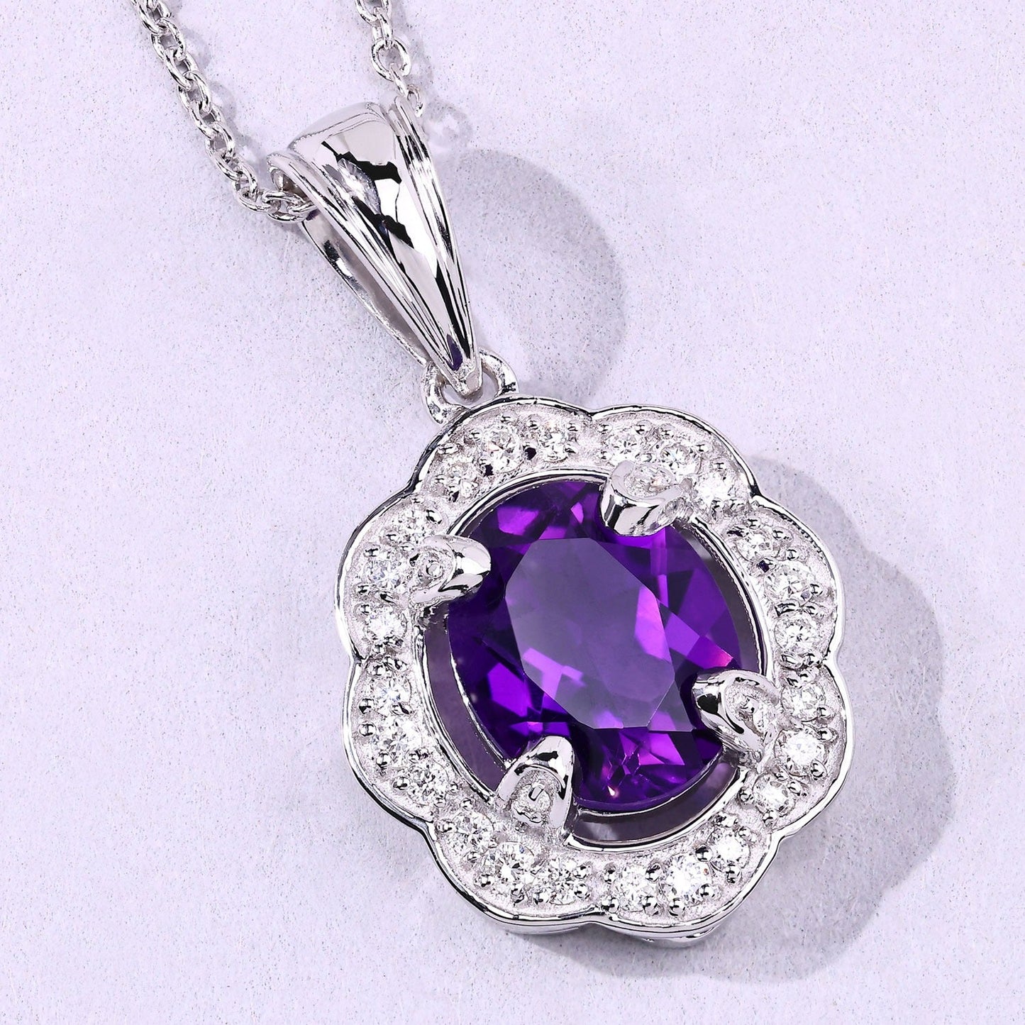 2.20 Ct Oval Purple Amethyst & Lab Diamond Prong Silver Halo Statement Pendant Necklace