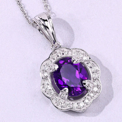 2.20 Ct Oval Purple Amethyst & Lab Diamond Prong Silver Halo Statement Pendant Necklace