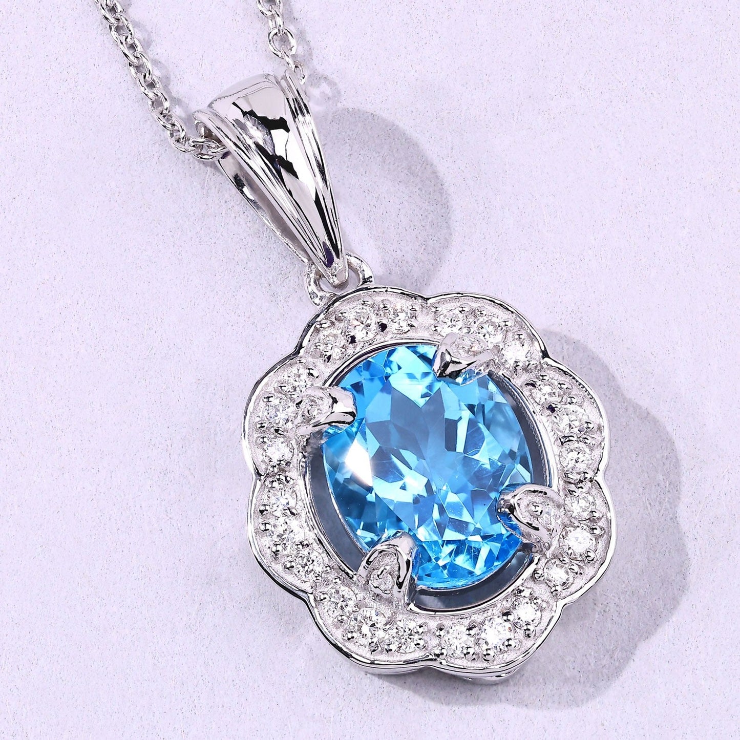 2.55 Ct Oval Swiss Blue Topaz & Lab Diamond Prong Silver Halo Statement Pendant Necklace