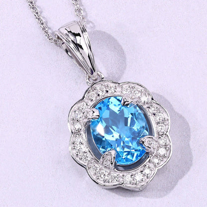 2.55 Ct Oval Swiss Blue Topaz & Lab Diamond Prong Silver Halo Statement Pendant Necklace