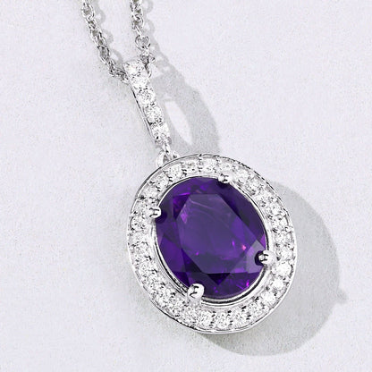 2.20 Ct Oval Purple Amethyst & Lab Diamond Prong Silver Halo Pendant Necklace