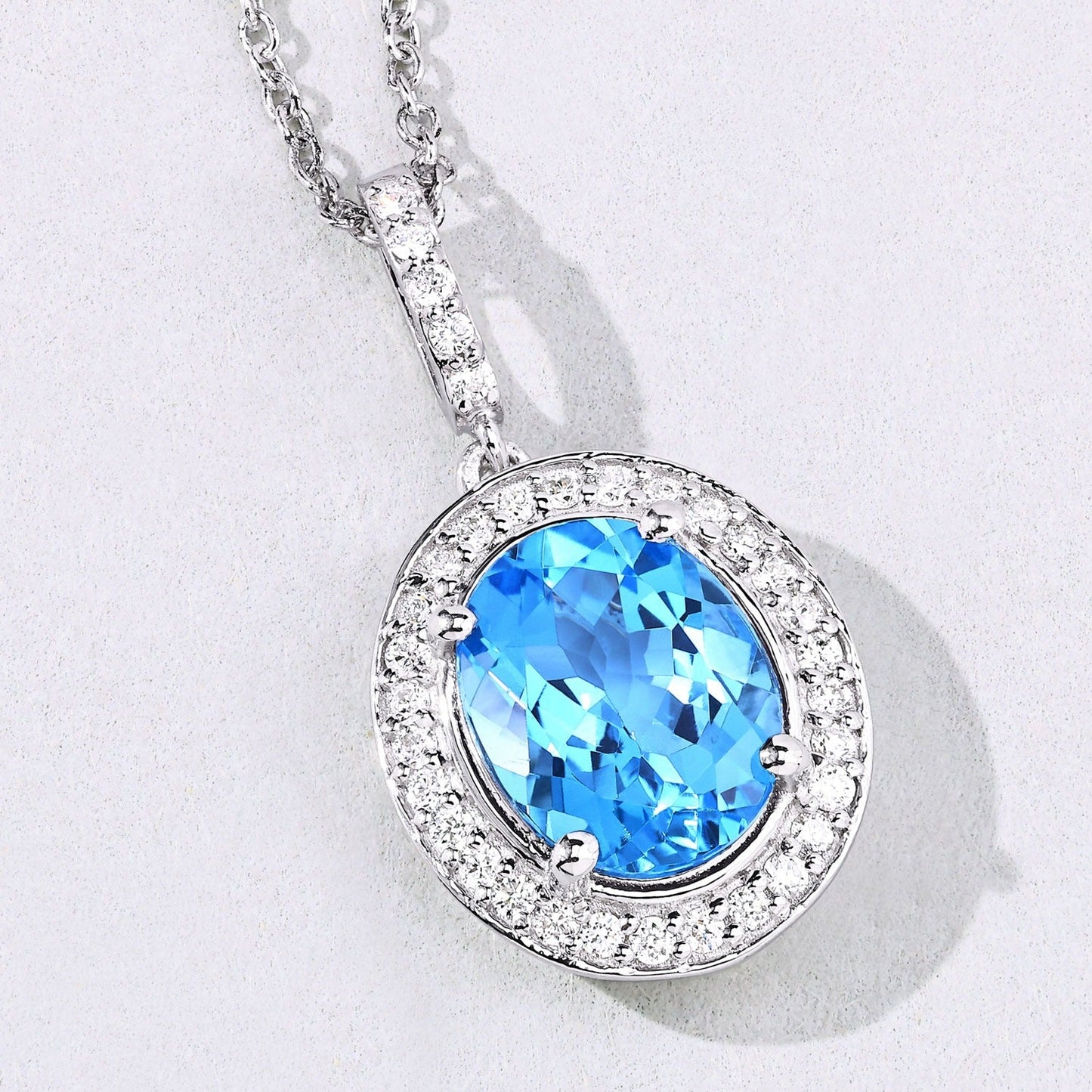 2.55 Ct Oval Swiss Blue Topaz & Lab Diamond Prong Silver Halo Pendant Necklace