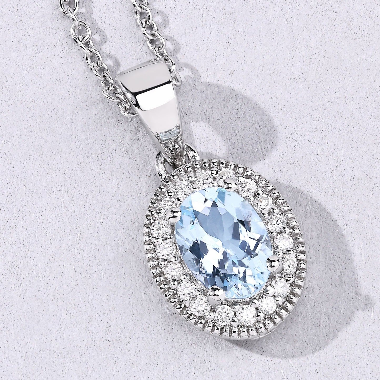 0.60 Ct Oval Blue Aquamarine & Lab Diamond Prong Silver Halo Pendant Necklace