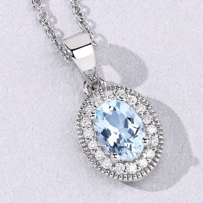 0.60 Ct Oval Blue Aquamarine & Lab Diamond Prong Silver Halo Pendant Necklace
