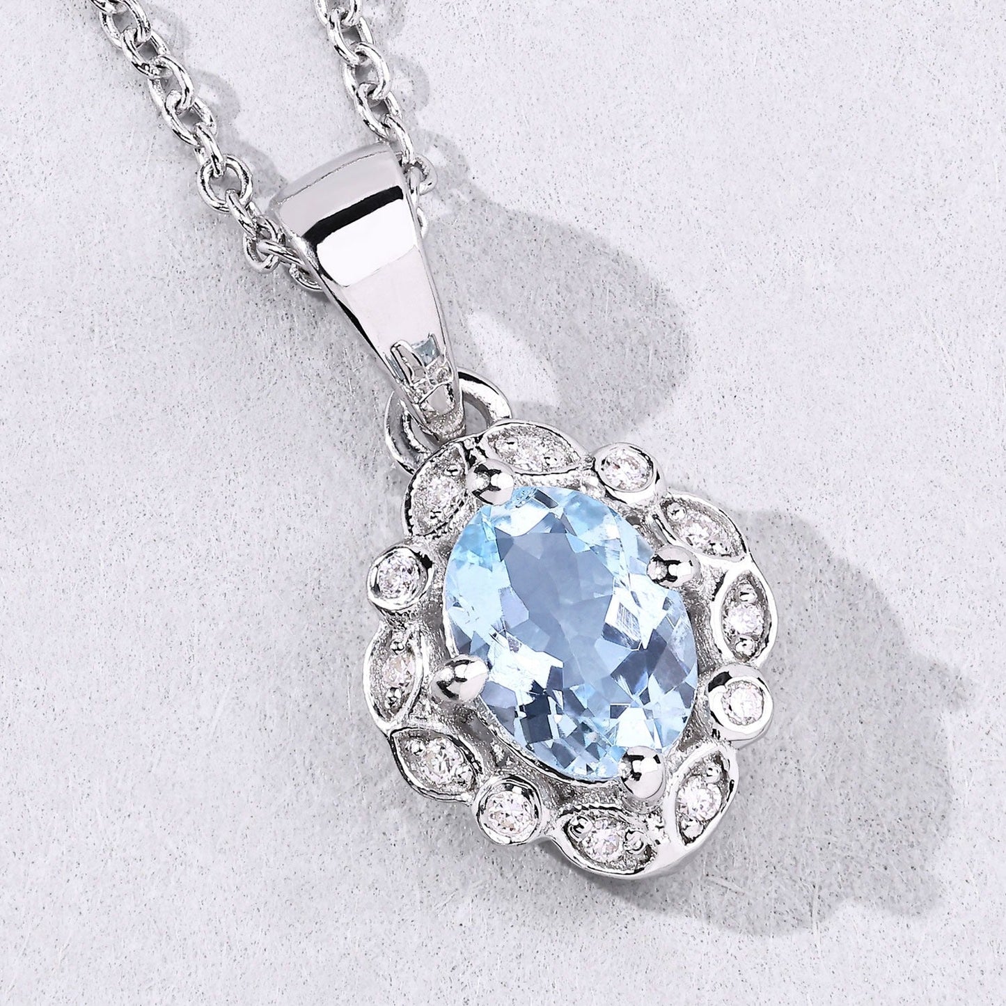 0.60 Ct Oval Blue Aquamarine & Lab Diamond Prong Silver Halo Statement Necklace