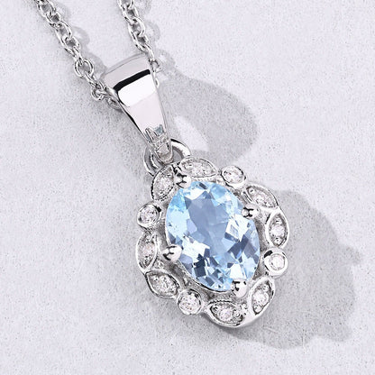 0.60 Ct Oval Blue Aquamarine & Lab Diamond Prong Silver Halo Statement Necklace