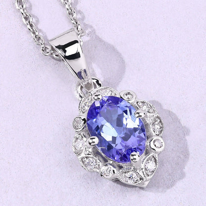 0.75 Ct Oval Violet Tanzanite & Lab Diamond Prong Silver Halo Statement Necklace