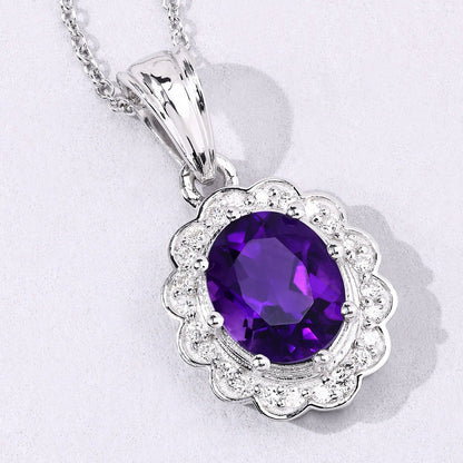 2.20 Ct Oval Purple Amethyst & Lab Diamond Prong Silver Halo Floral Pendant Necklace