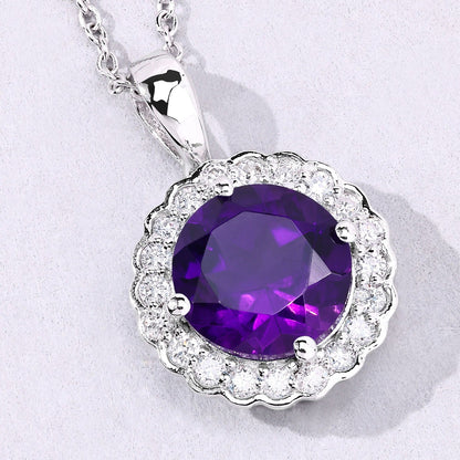 2.40 Ct Round Purple Amethyst & Lab Diamond Prong Silver Halo Floral Pendant Necklace