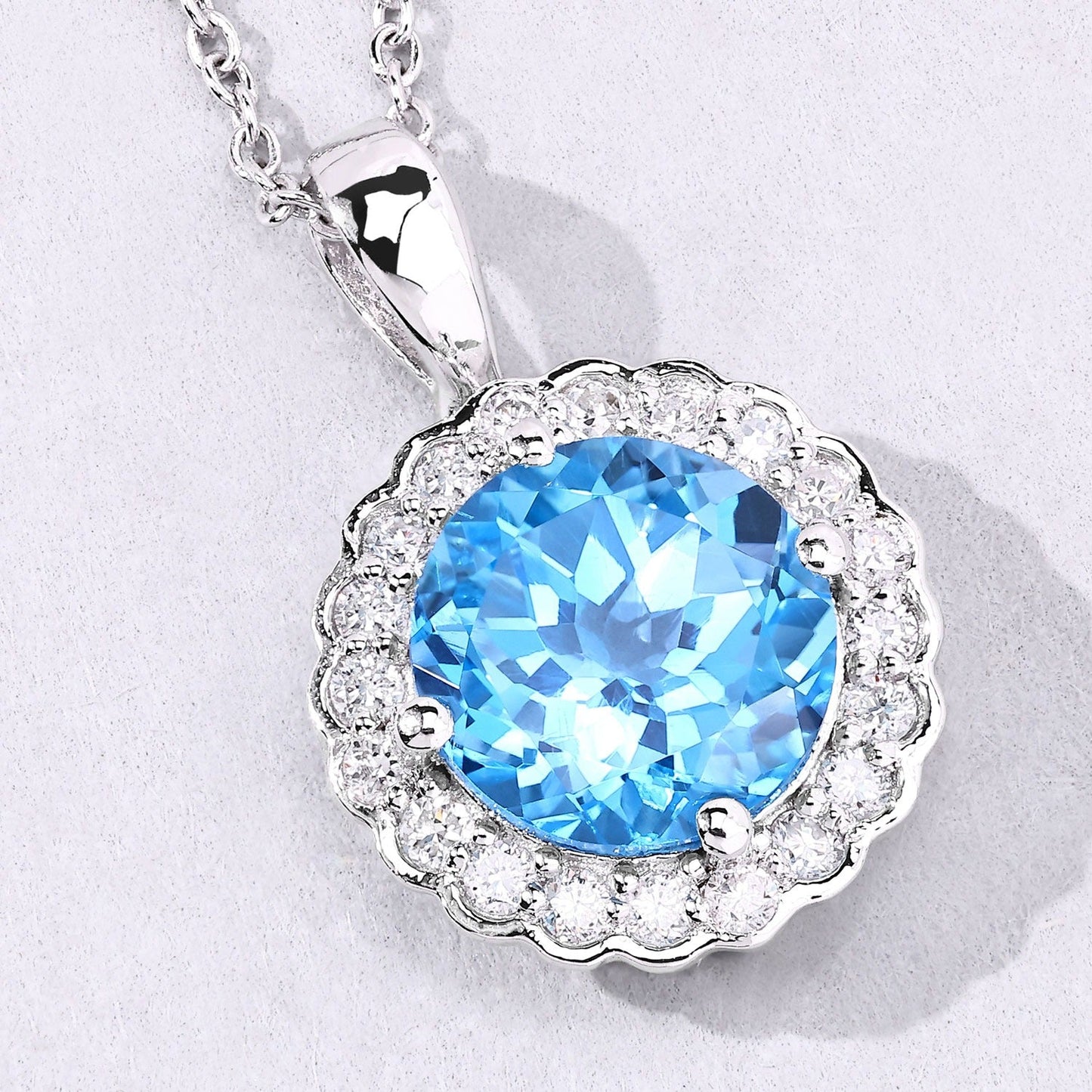 3.75 Ct Round Swiss Blue Topaz & Lab Diamond Prong Silver Halo Floral Pendant Necklace