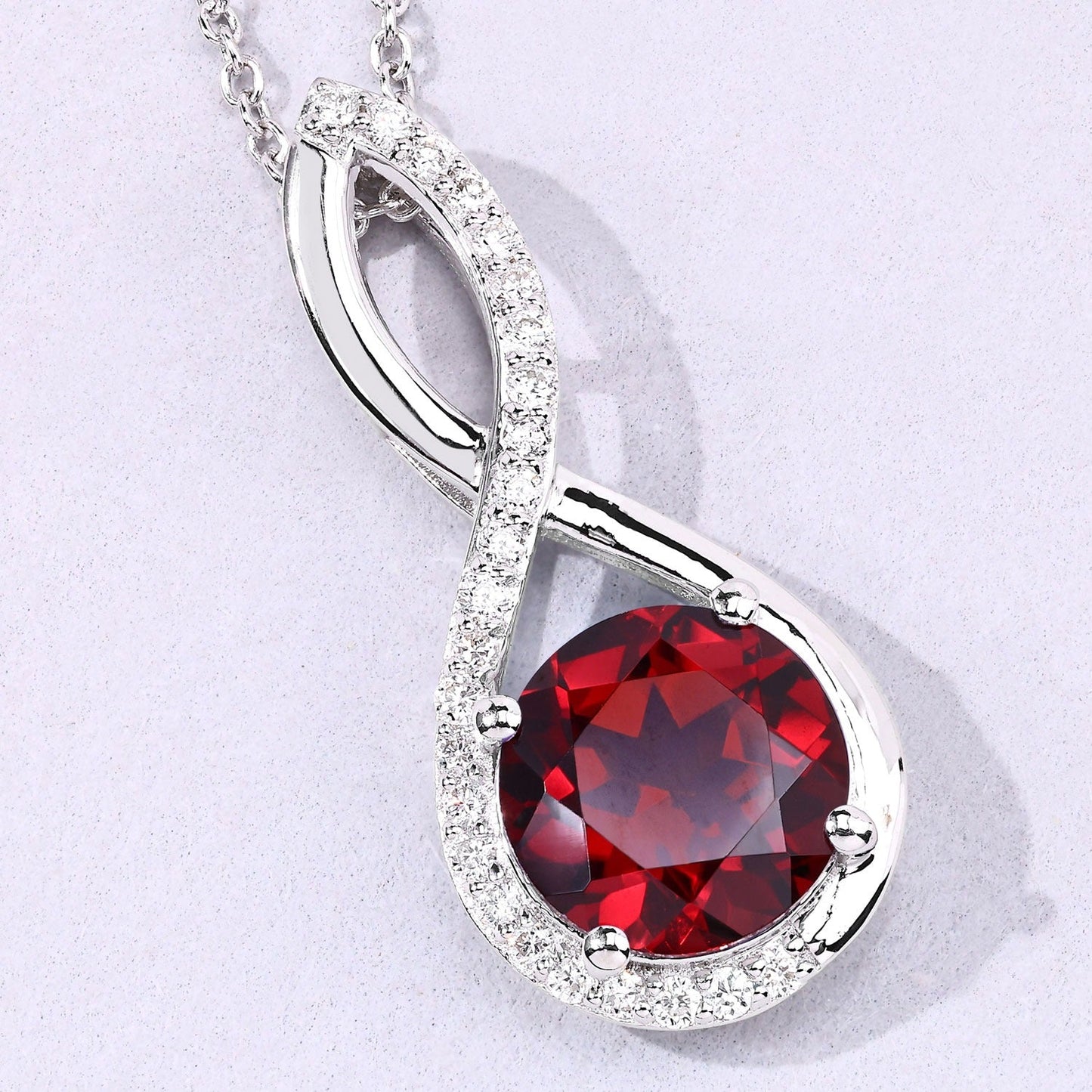 3.25 Ct Round Red Mozambique Garnet & Lab Diamond Prong Silver Crossover Pendant Necklace