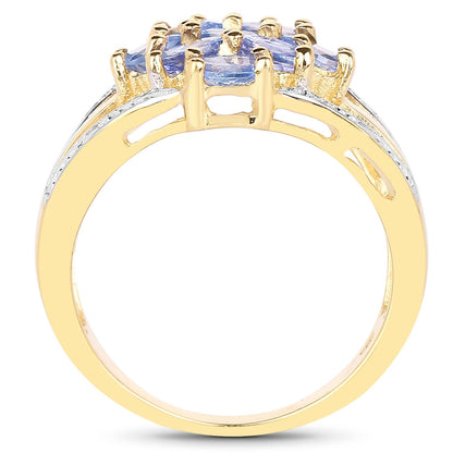 1.59 Ct Oval Violet Tanzanite Prong 14K Yellow Gold Plated Silver Cluster Split Shank Ring