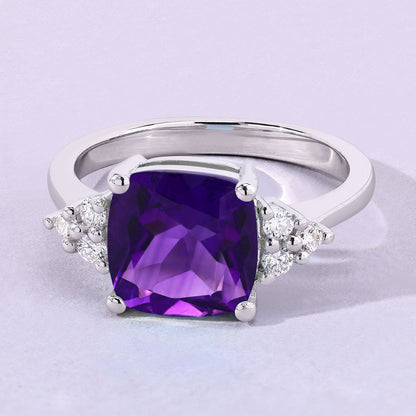 2.60 Ct Cushion Purple Amethyst and Lab Diamond Prong Silver Cocktail Ring