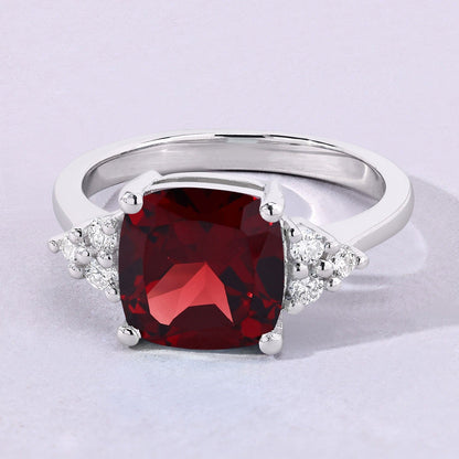 3.50 Ct Cushion Red Mozambique Garnet Lab Diamond Prong Silver Cocktail Ring