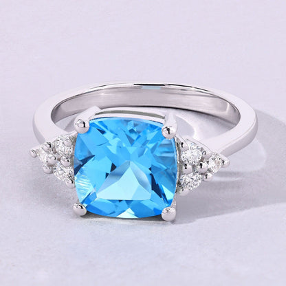 3.40 Ct Cushion Swiss Blue Topaz Lab Diamond Prong Silver Cluster Ring