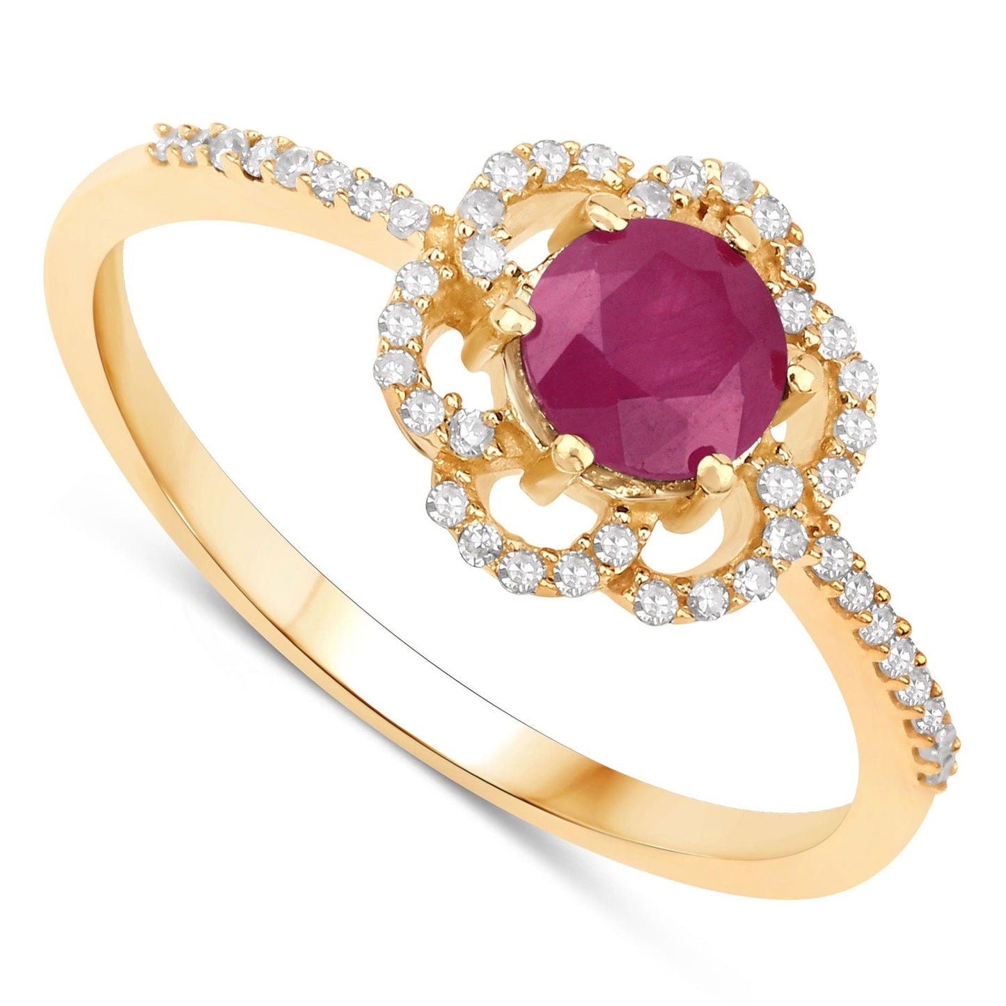 0.55 Ct Round Pink Ruby & Diamond Prong 14K Yellow Gold Halo Floral Ring