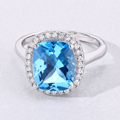 4.10 Ct Cushion Swiss Blue Topaz & Lab Diamond Prong Silver Halo Ring