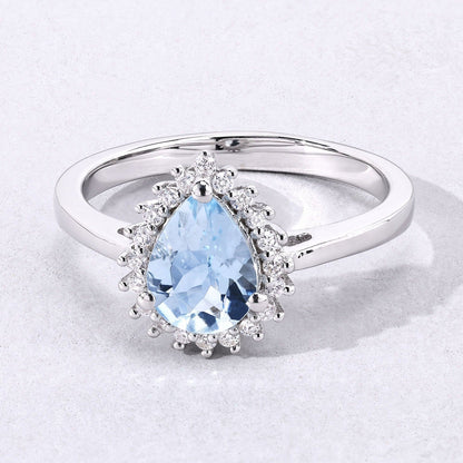 0.83 Ct Pear Blue Aquamarine & Lab Diamond Prong Silver Halo Ring