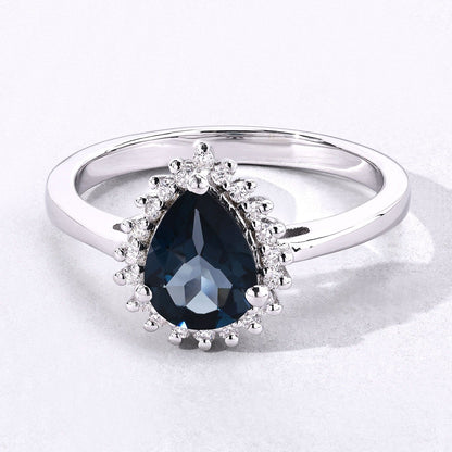 1.15 Ct Pear London Blue Topaz & Lab Diamond Prong Silver Halo Ring