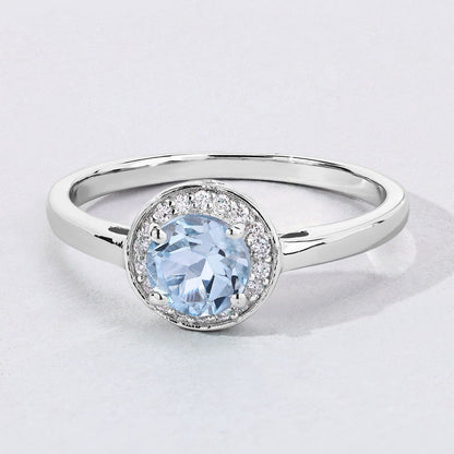 0.38 Ct Round Blue Aquamarine Lab Grown Diamond Prong Silver Halo Ring
