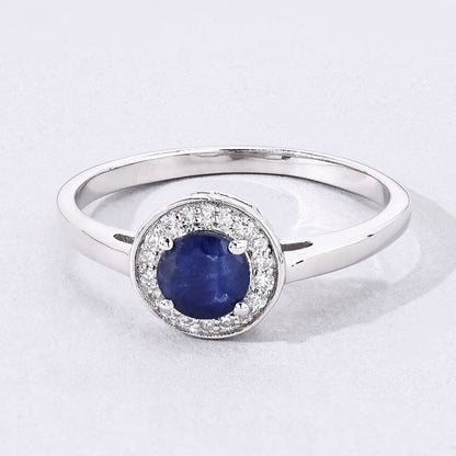 0.65 Ct Round Blue Sapphire & Lab Diamond Prong Silver Halo Engagement Ring