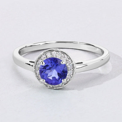 0.47 Ct Round Violet Tanzanite & Lab Diamond Prong Silver Halo Ring
