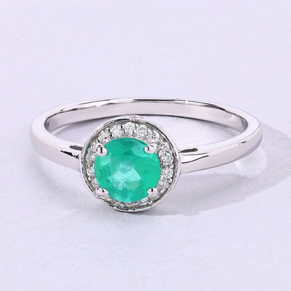 0.42 Ct Round Green Zambian Emerald & Lab Diamond Prong Silver Halo Statement Ring