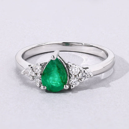 0.65 Ct Pear Green Zambian Emerald and Lab Diamond Prong Silver Cocktail Ring