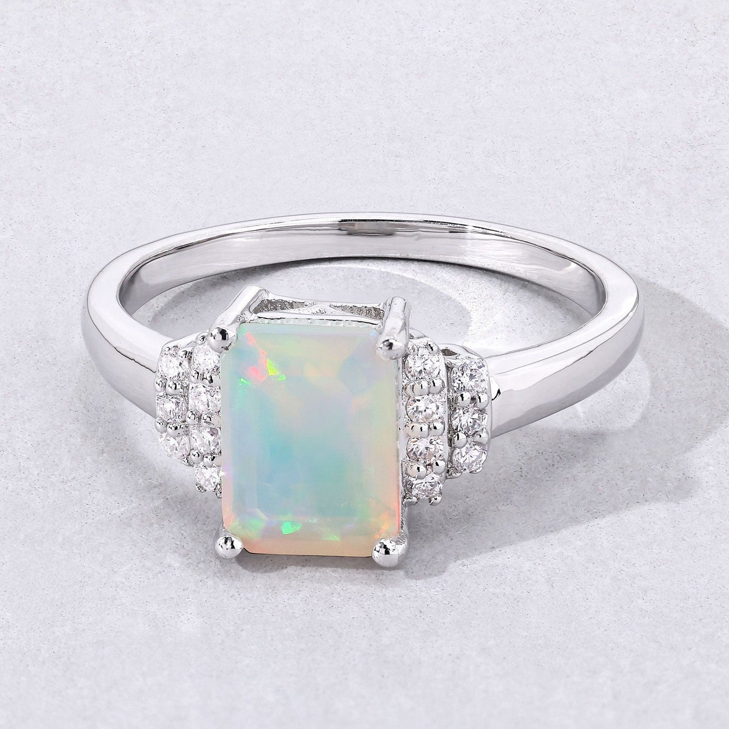1.05 Ct Octagon White Ethiopian Opal and Lab Diamond Prong Silver Cocktail Ring