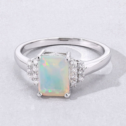 1.05 Ct Octagon White Ethiopian Opal and Lab Diamond Prong Silver Cocktail Ring