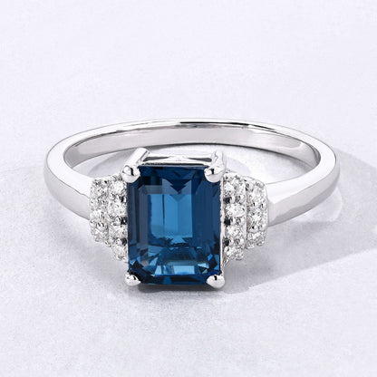 1.60 Ct Octagon London Blue Topaz and Lab Diamond Prong Silver Cocktail Ring
