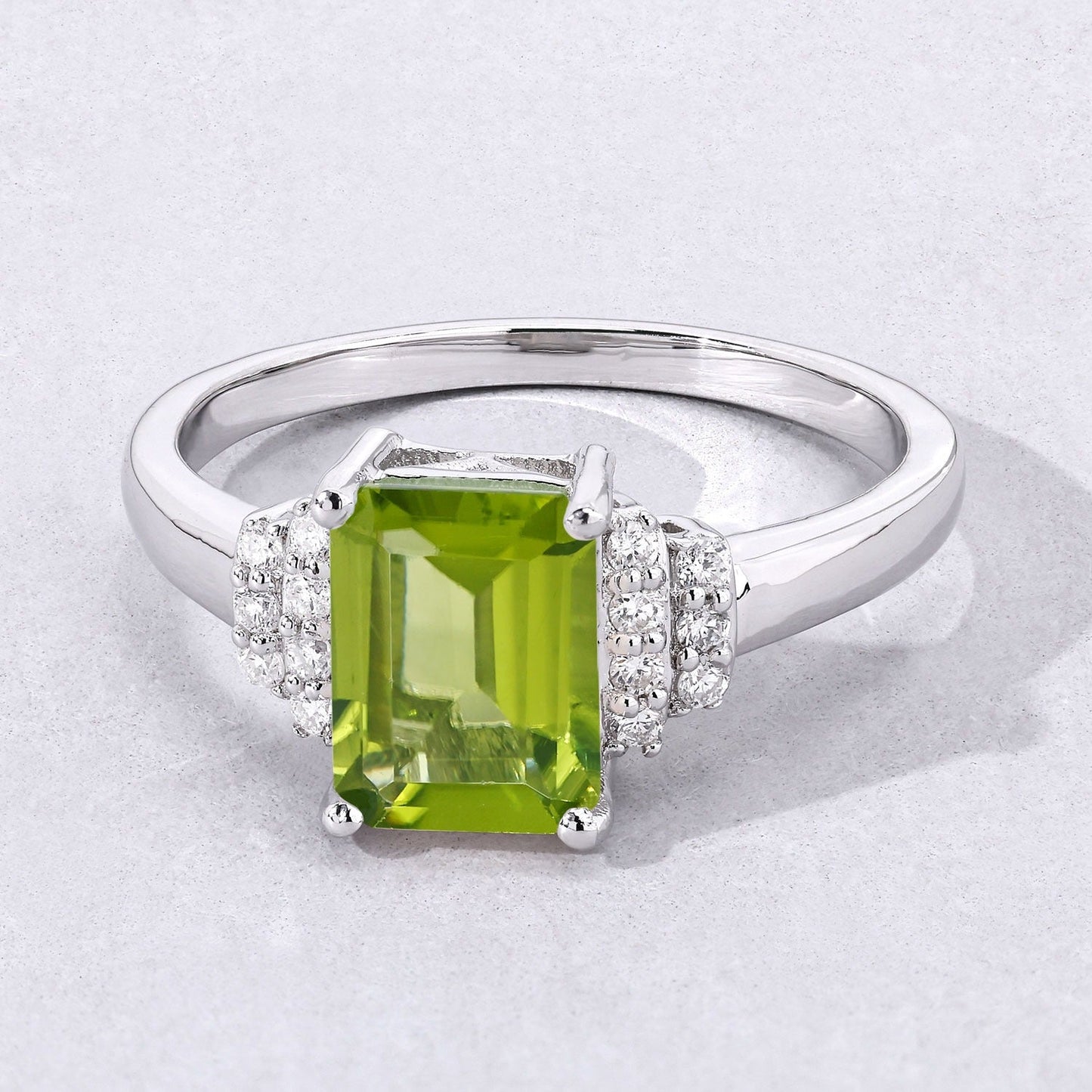 1.60 Ct Octagon Green Peridot and Lab Diamond Prong Silver Cocktail Ring